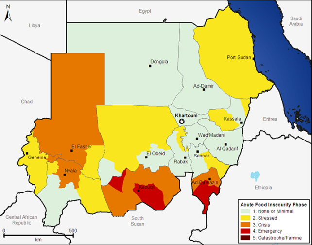 Map of Acute Food Insecurity in Sudan, showing high risk in Southern Kordofan and Blue Nile, where conflict has broken out.